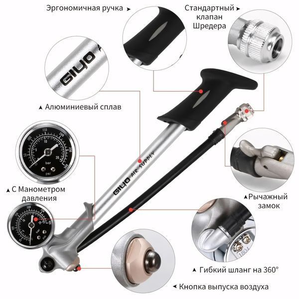 Насос високого тиску Giyo GS-02D 300psi з манометром велосипедних для вилок та амортизаторів GS-02D фото