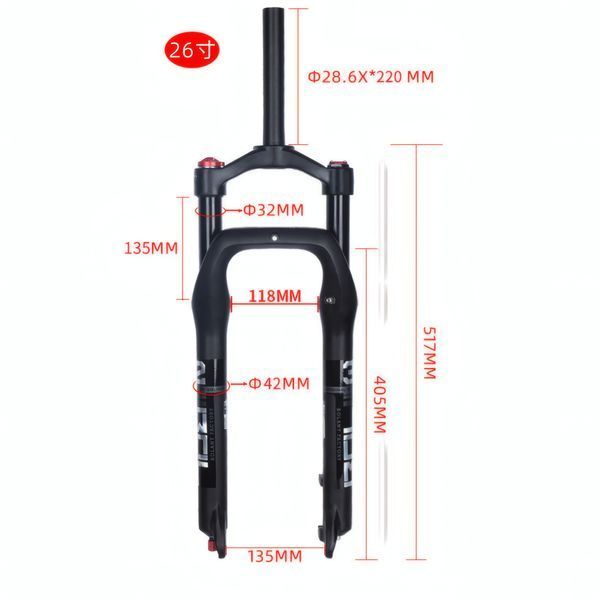 Воздушная вилка для фэтбайка 26" Bolany, ход 135 мм, Disc, прямой шток 1-1/8", Lock-out, Rebound BFAT26-4.0 фото