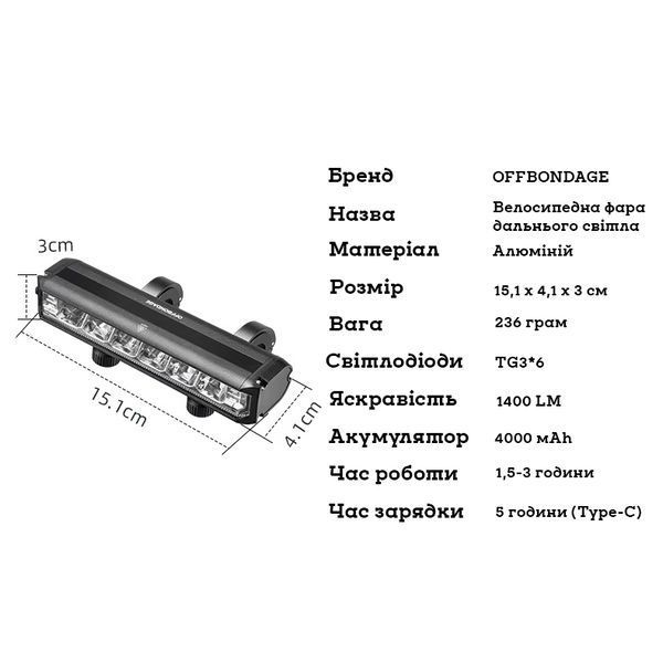Велосипедна фара OFFBONDAGE HYY1400 (EOS620) 1400 лм, Type-C, 4000 мА&middot;год, алюмінієвий корпус HYY1400 фото