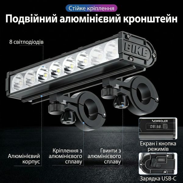Велофара NEWBOLER LIG010 с аккумулятором 10000 mAh, 8 светодиодов P9, 10000 Lumen, дисплей, PowerBank, IPX5 NB-LIG010-8LED фото