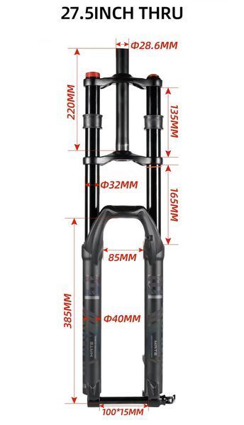 Двухкоронная вилка NanLio 27.5&Prime;, прямой шток, ось 15&times;100 мм, ход 150 мм, для MTB и DH, чёрная NL-DK-AX15-27.5 фото