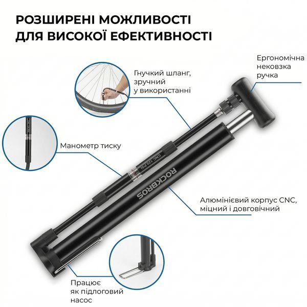 Велосипедный мининасос Rockbros RY-MP2821B с манометром 120 PSI, для клапанов AV/FV (Schrader, Presta), с креплением на раму RB-P120PSI-BLK фото