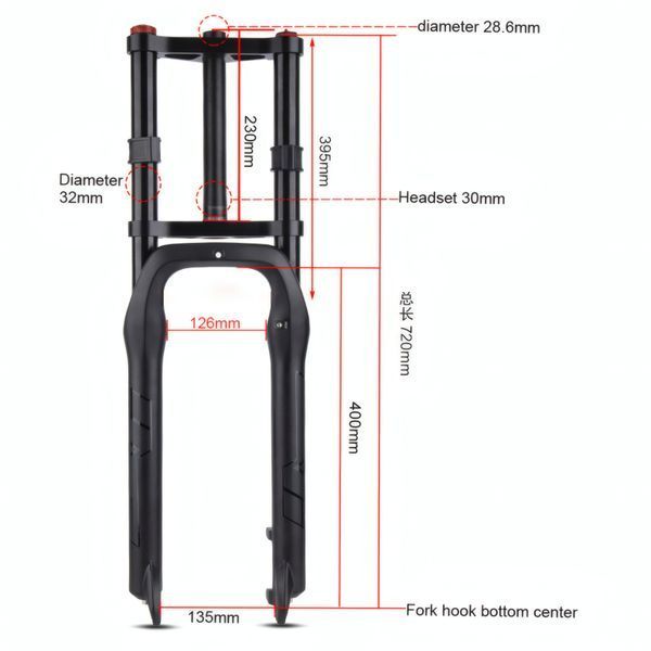 Двухкоронная воздушная вилка Bolany 26&Prime; для фэтбайка, ход 140 мм, Disc, прямой шток 1-1/8&Prime;, QR 9 мм, для e-bik BOL-SNA255-DK фото